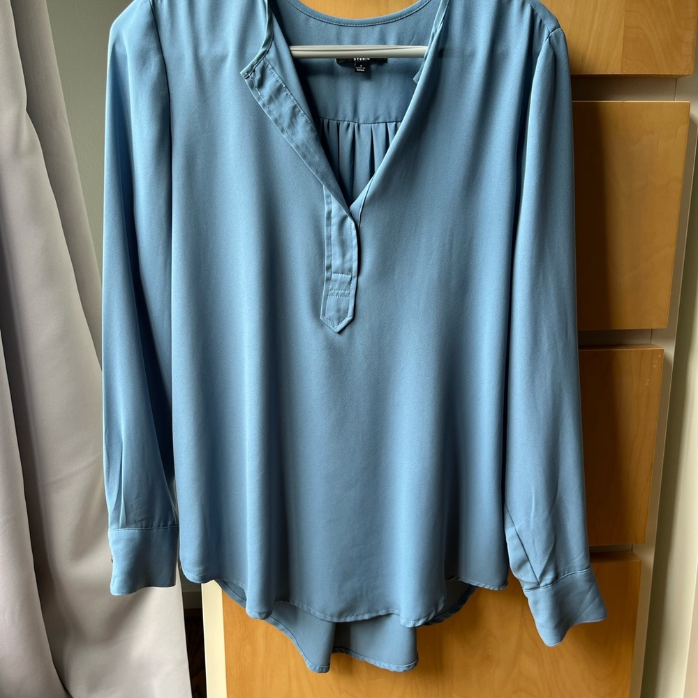 Premise Blue Long Sleeve Mandarin Collar Blouse